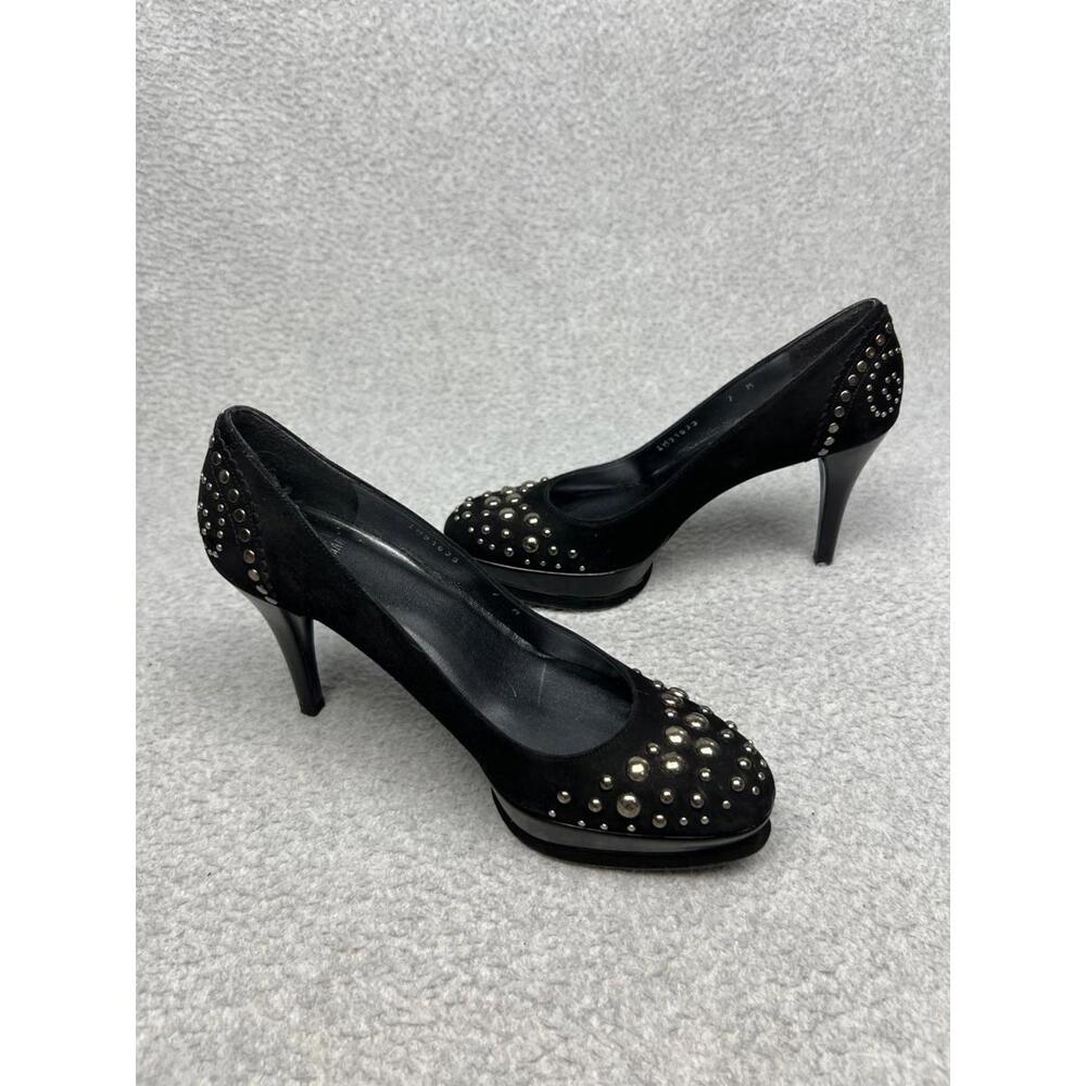 Stuart Weitzman 7M High Heel Studded Black Suede Platform Silver Studs Pumps - Picture 5 of 9
